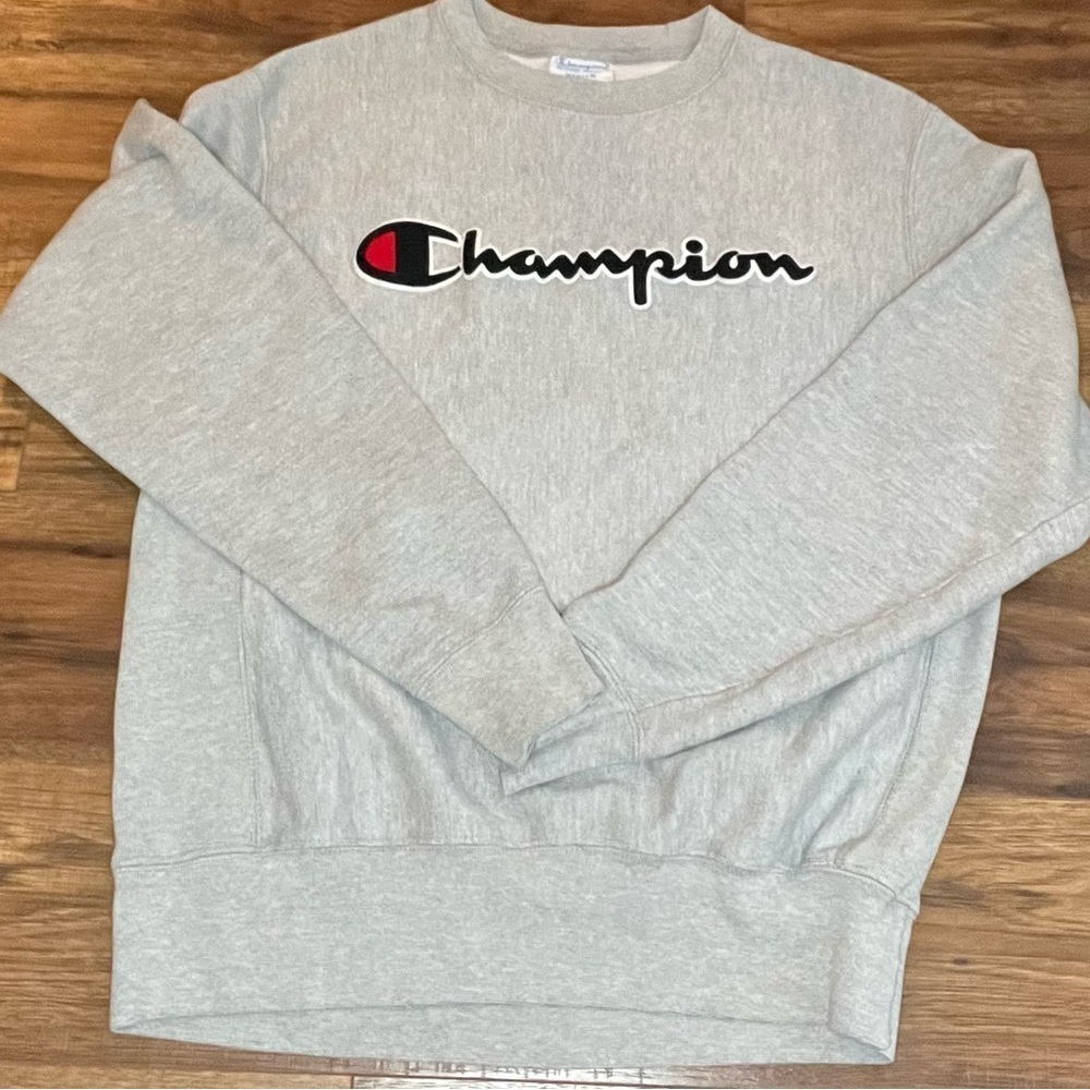 Retro Grey Champion Sweater Reverse Weave Cotton  Blend Sweatshirt